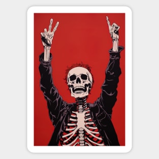 CHILL DUDE - skeleton holding hands in the air on red background Sticker